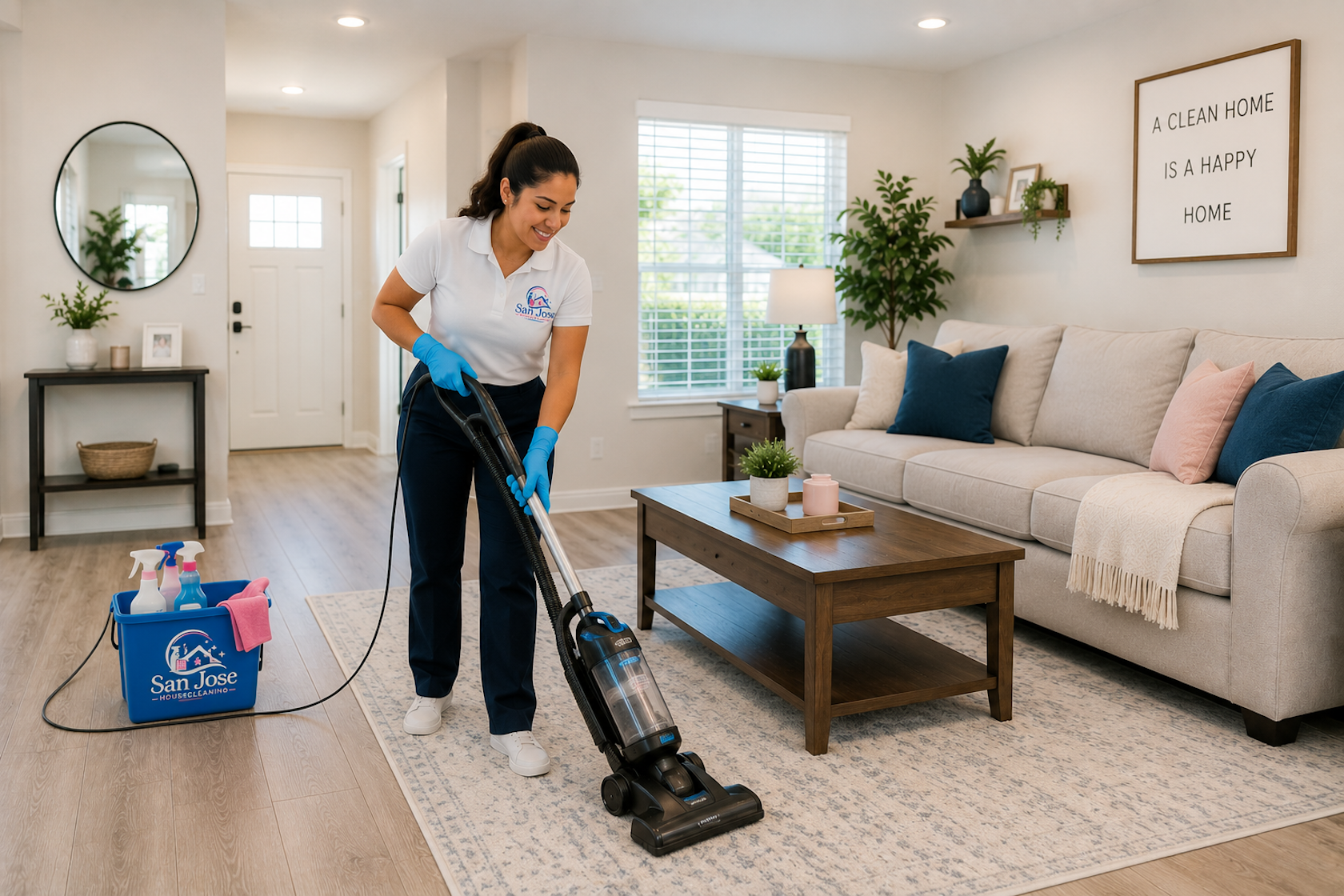 Cleaner vacuuming living room